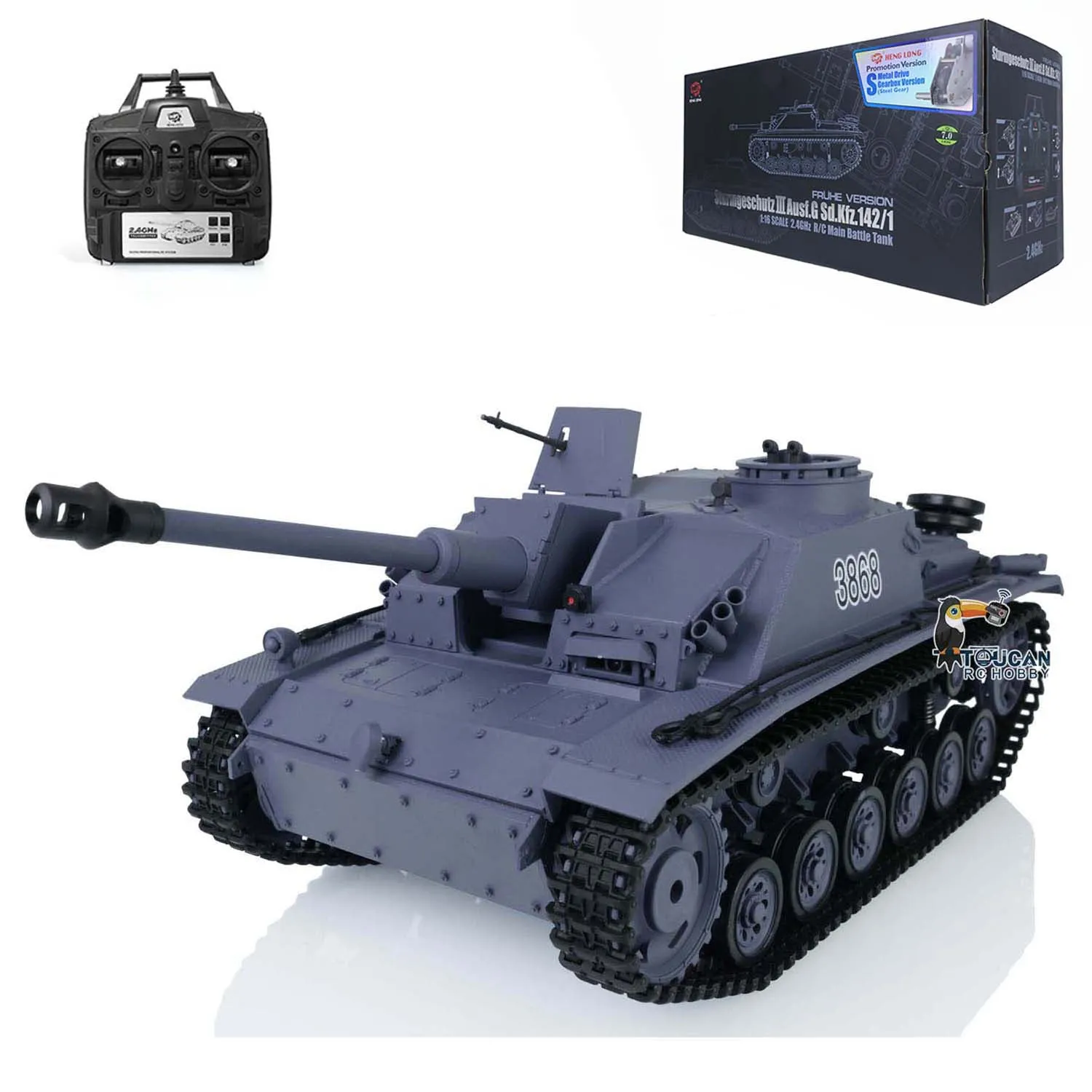 2.4G Henglong 1/16 Radio Control Tank 7.0 3868 Plastic German Stug III RTR RC Tank w/ Engine Sound Smoking Gearbox Gift for