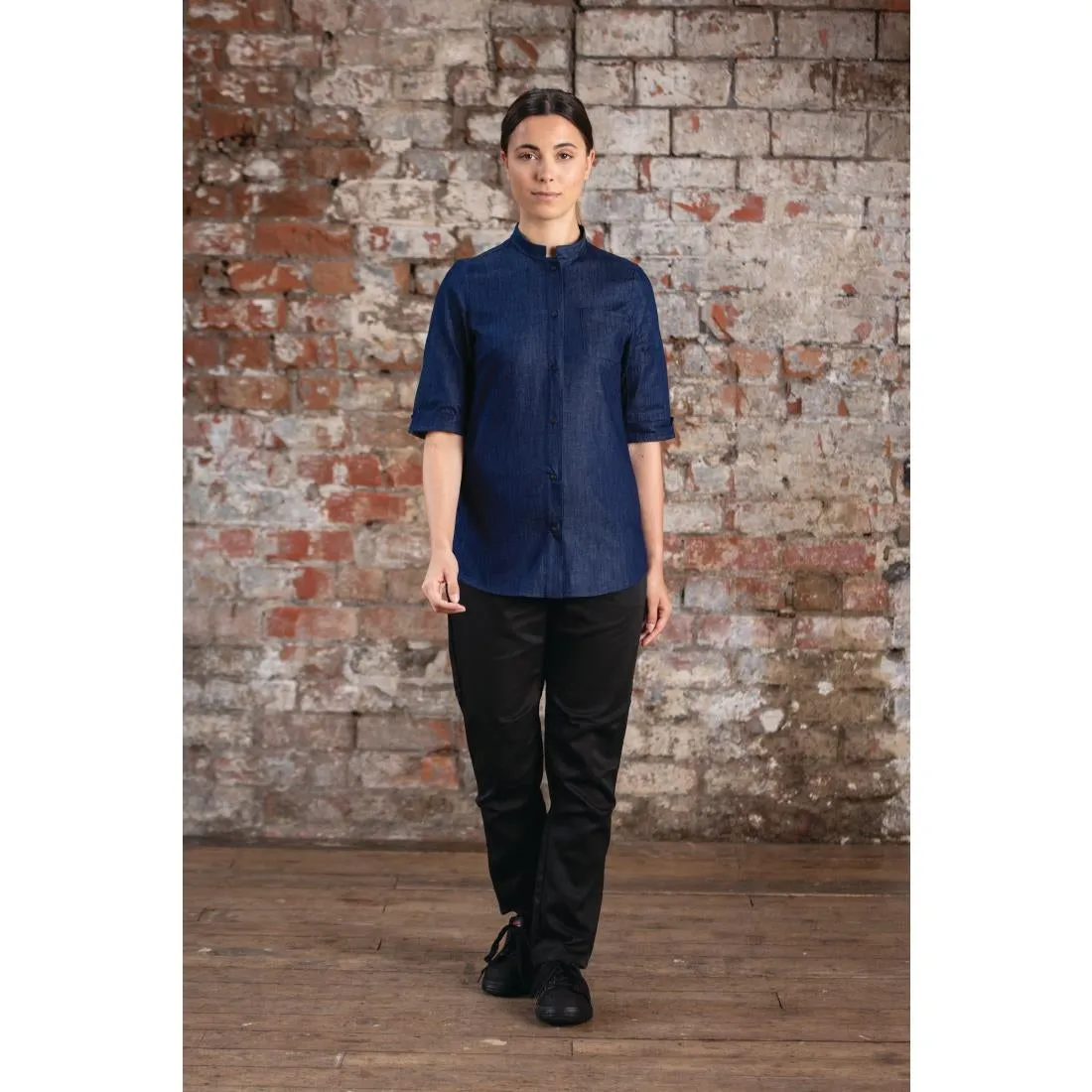 BA003-S Southside NY Queens Womens Denim Lightweight Chefs Shirt Size S