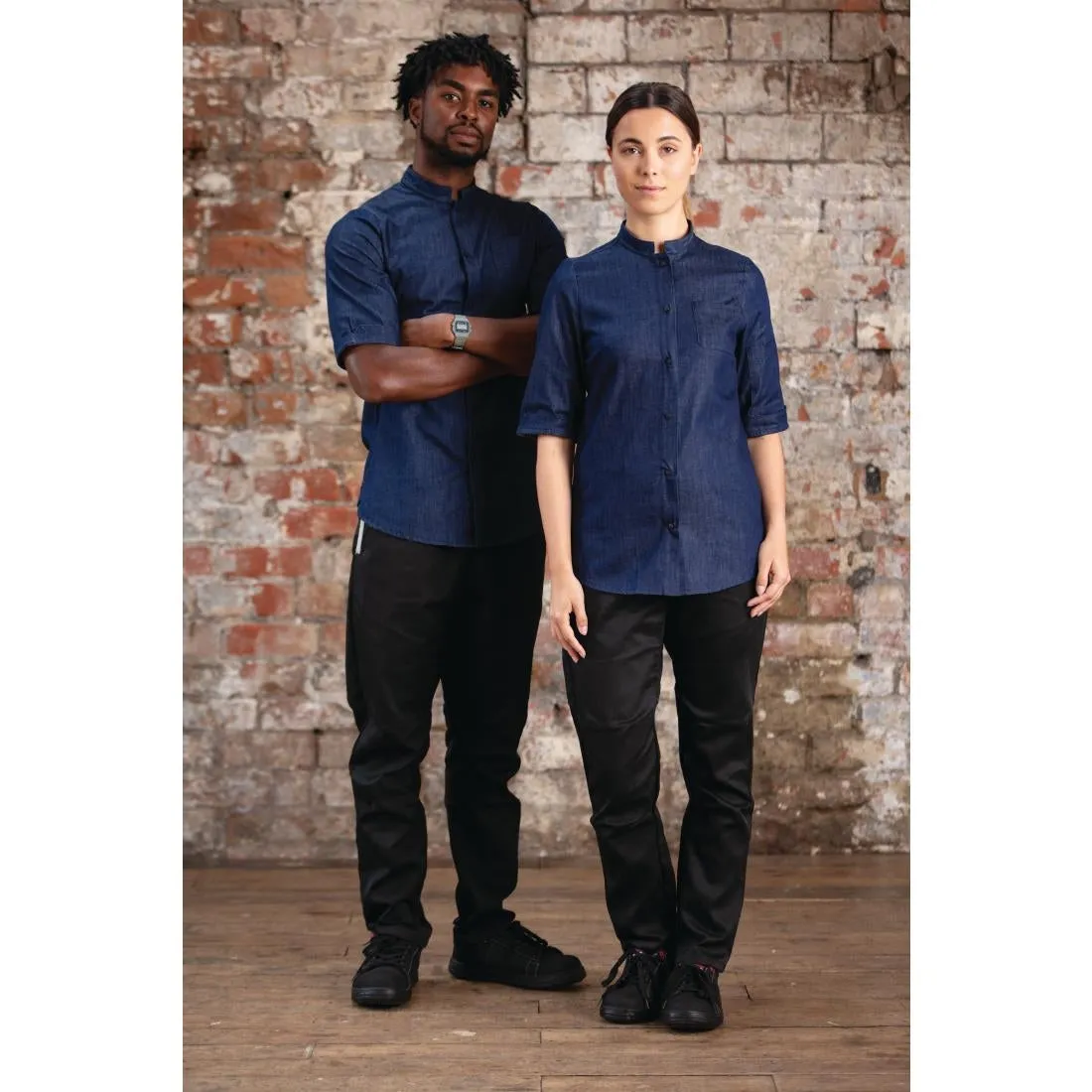 BA003-S Southside NY Queens Womens Denim Lightweight Chefs Shirt Size S