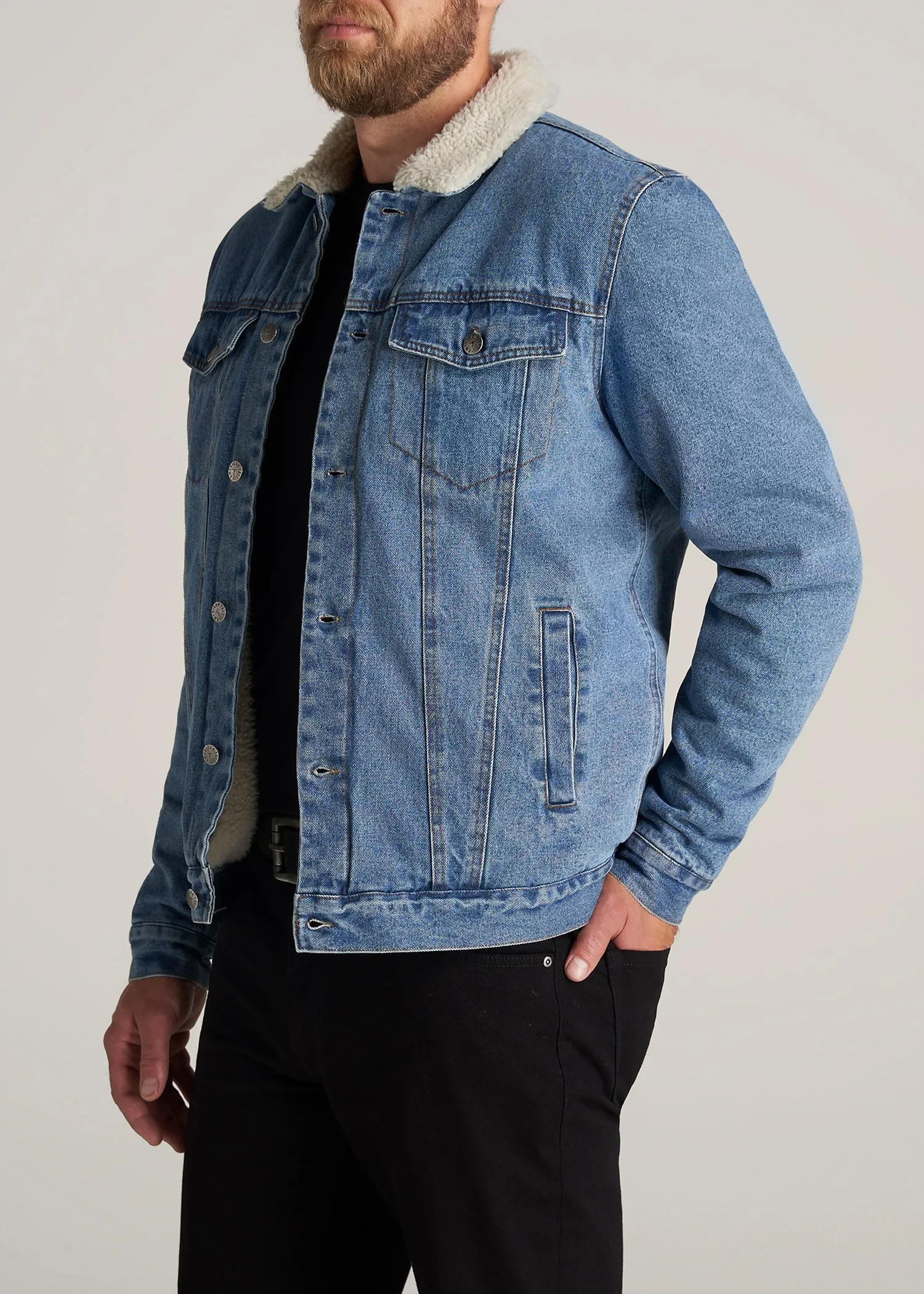 Denim Sherpa Tall Men's Jacket in Stonewash Blue