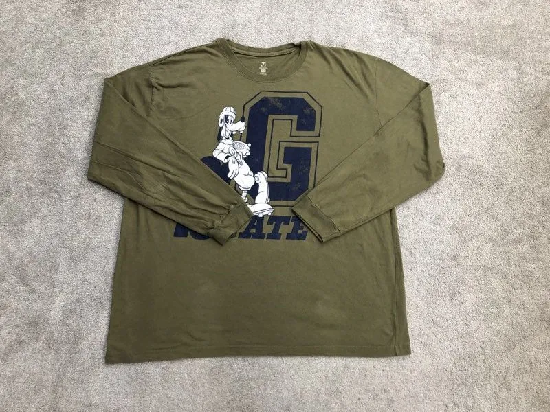 Disney Store T-shirt Men XXL Olive Green Long Sleeve Crew Neck Tee 100% Cotton