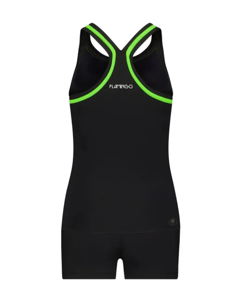 Flamingo Black Neon Trim 2 Piece Teen's Bathing Suit Tank with Shorts