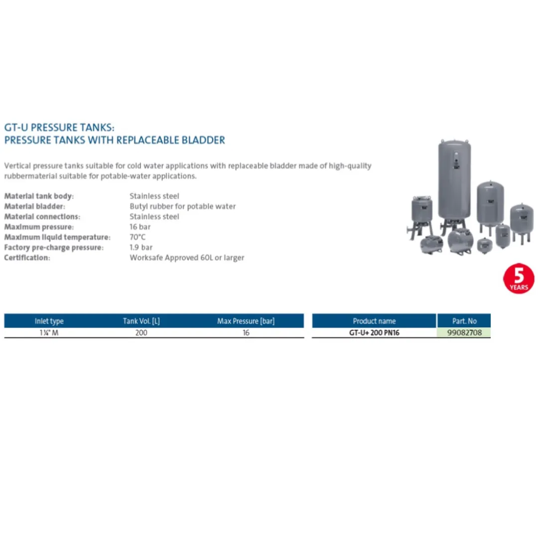 Grundfos GT-U Stainless Steel Pressure Tanks with Replaceable Diaphragm (200 Litre)