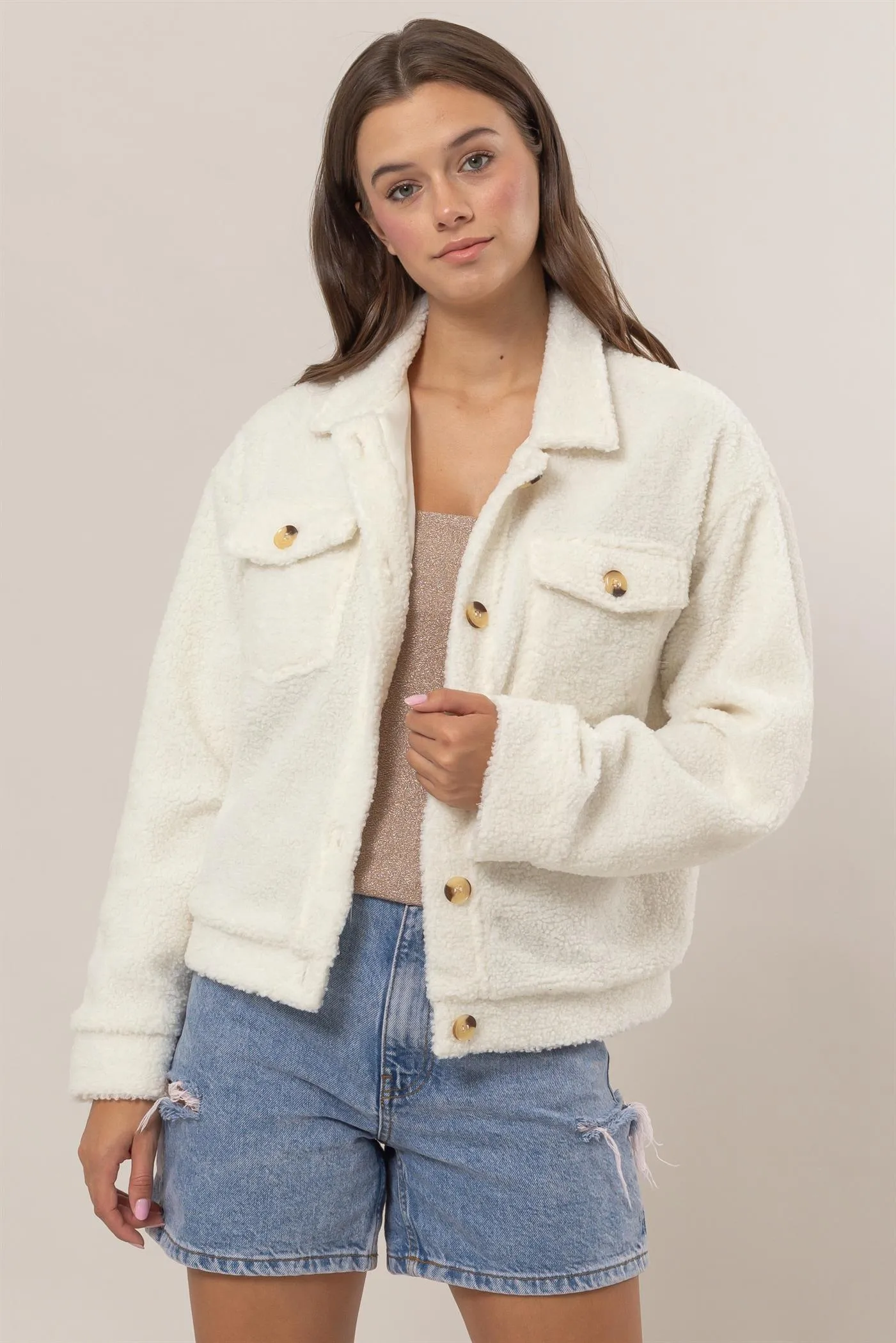 HF25A929-Sherpa Button-Front Jacket