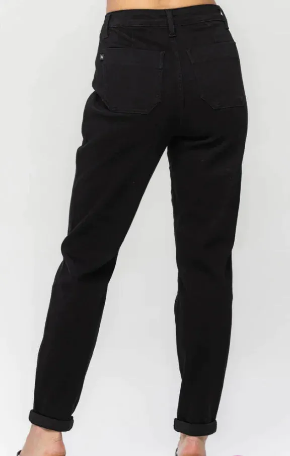 HIGH WAIST JET BLACK DOUBLE ROLL CUFF JOGGER