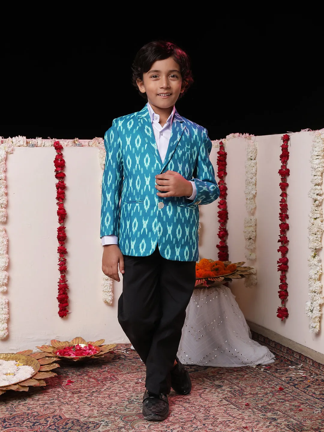 Jashvi Boy's Aqua Ikkat Print Blazer