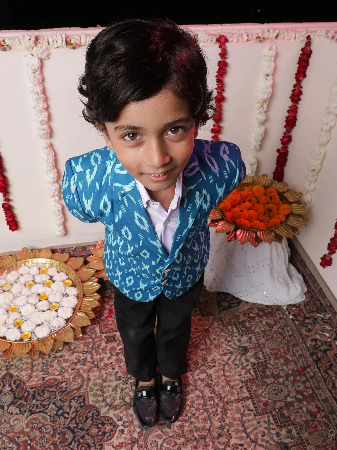 Jashvi Boy's Aqua Ikkat Print Blazer