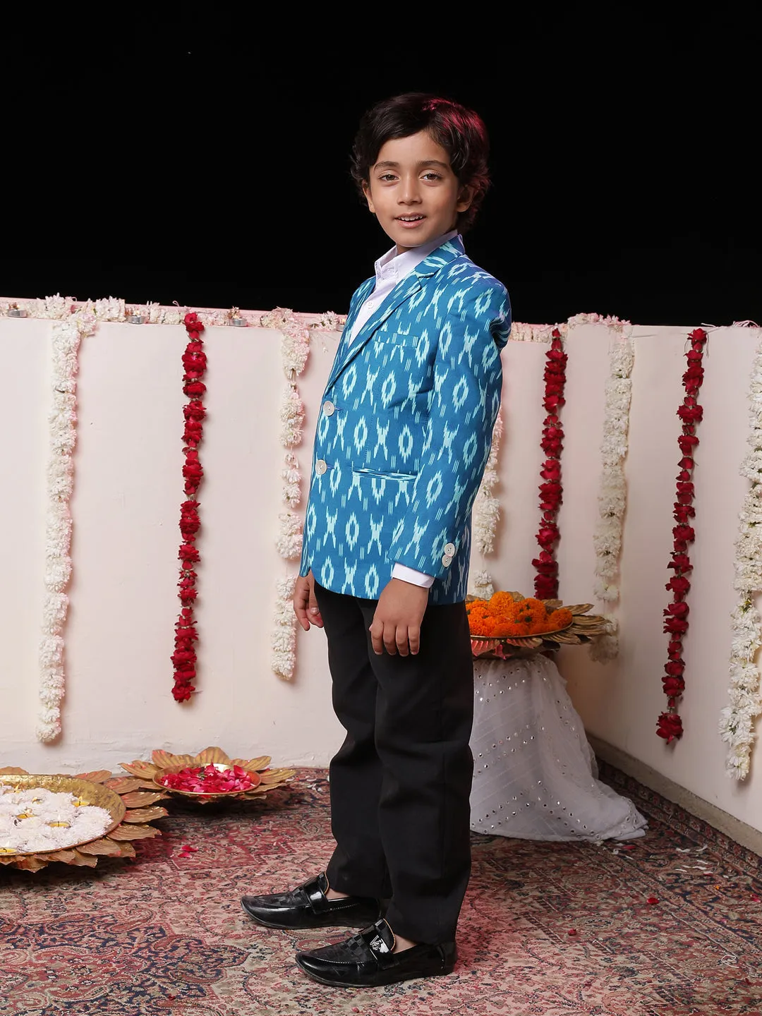 Jashvi Boy's Aqua Ikkat Print Blazer