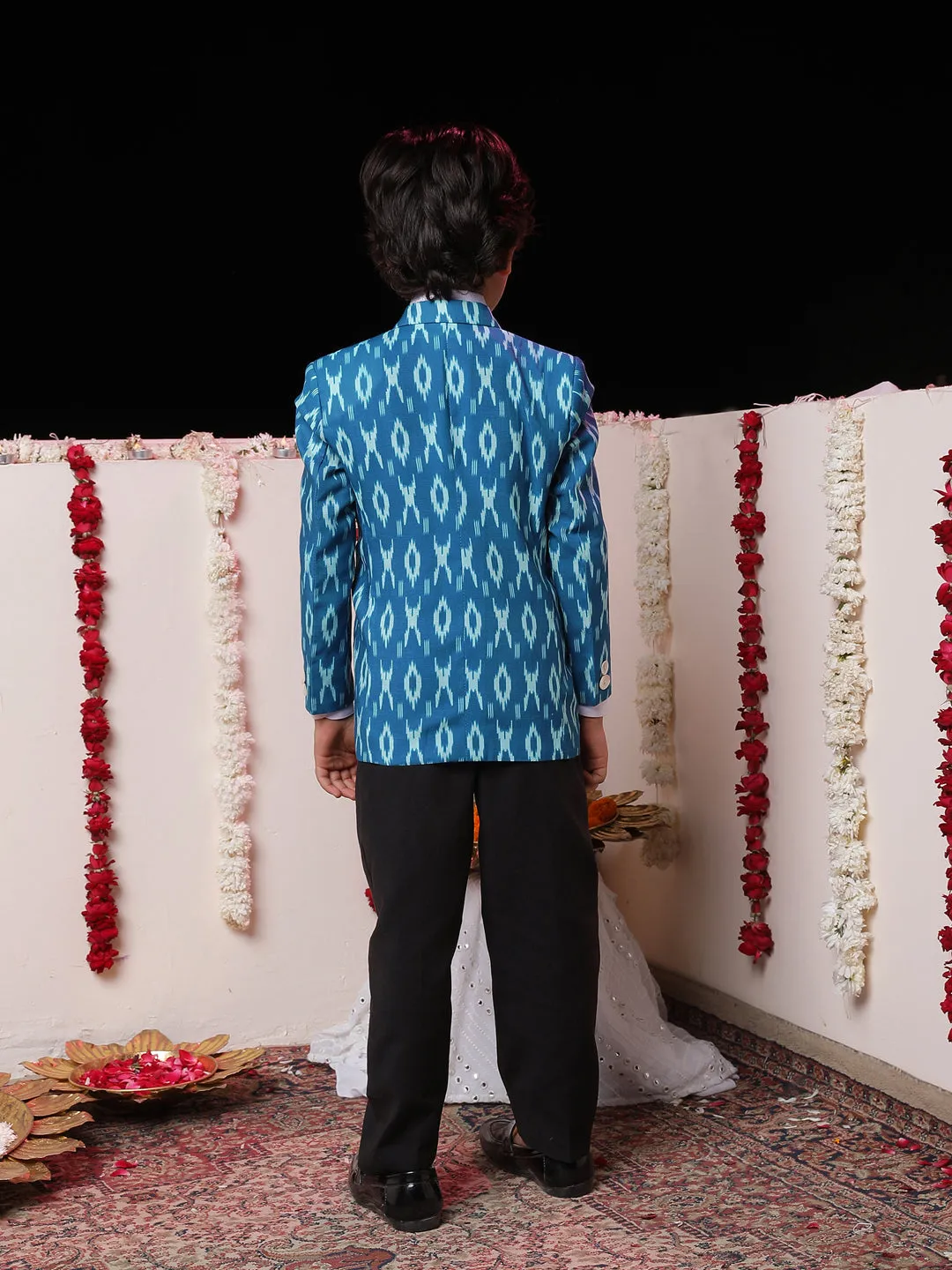 Jashvi Boy's Aqua Ikkat Print Blazer