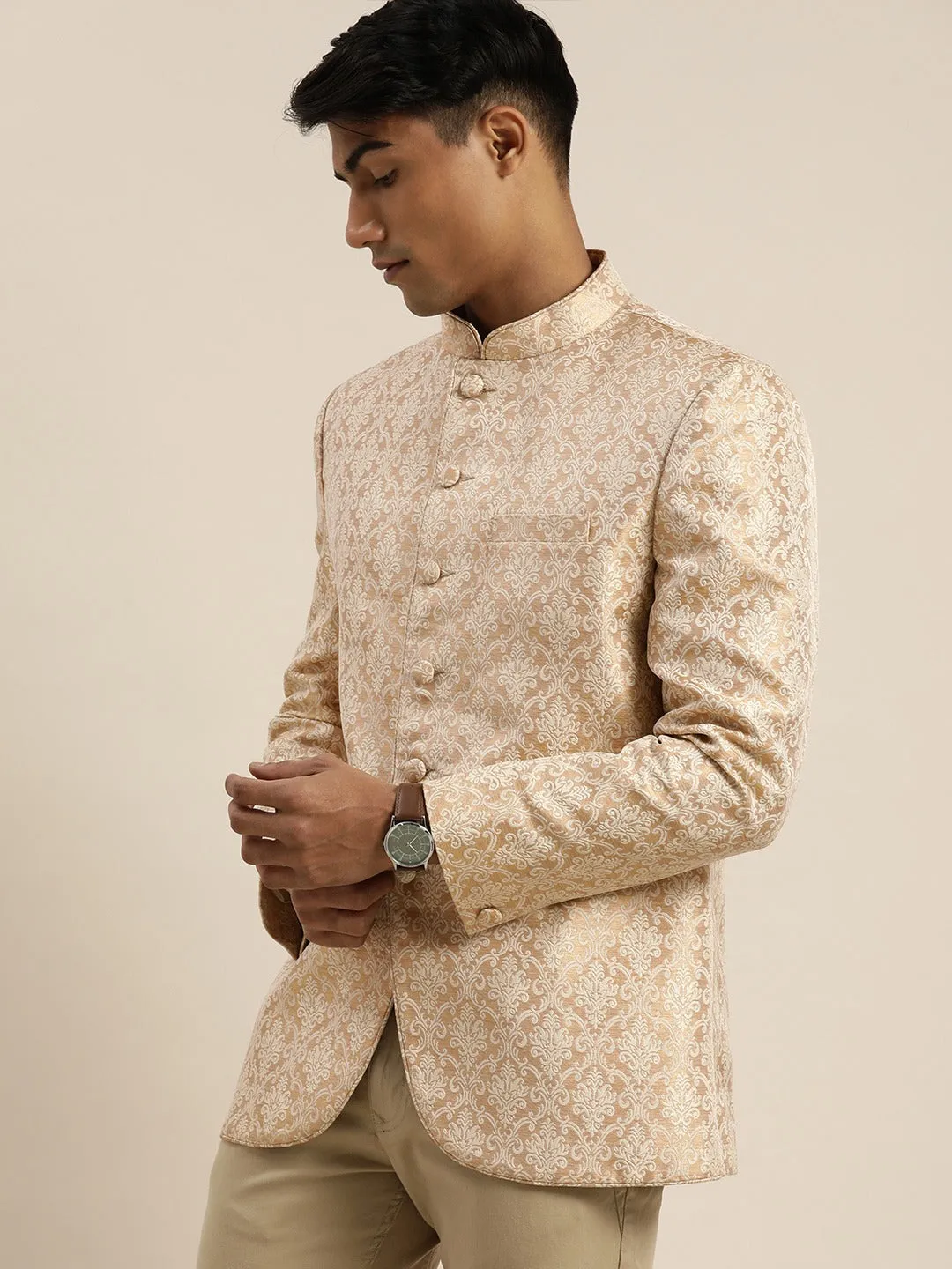 Jashvi Men's Gold Ethnic Woven Jodhpuri