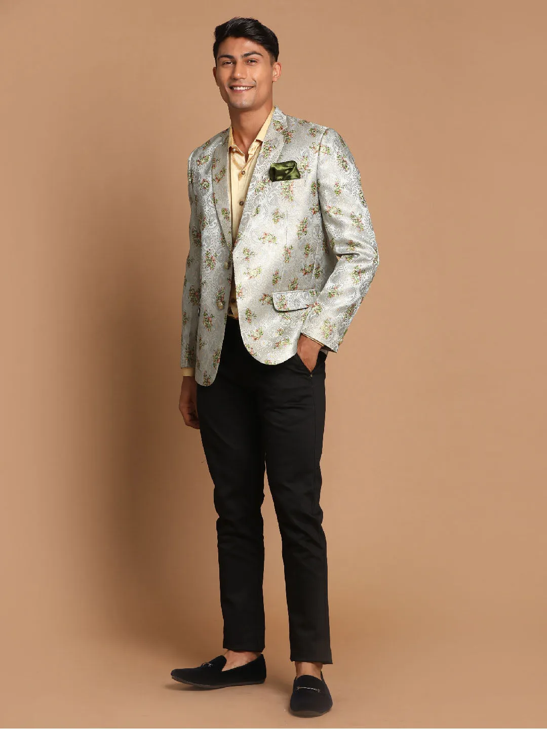 Jashvi Men's Light Green Woven Silk Blend Blazer