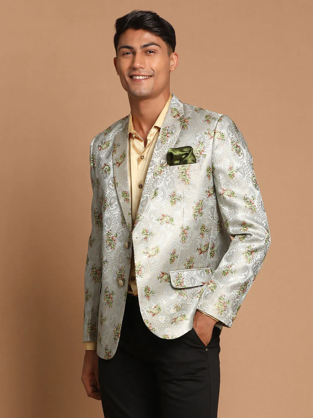 Jashvi Men's Light Green Woven Silk Blend Blazer