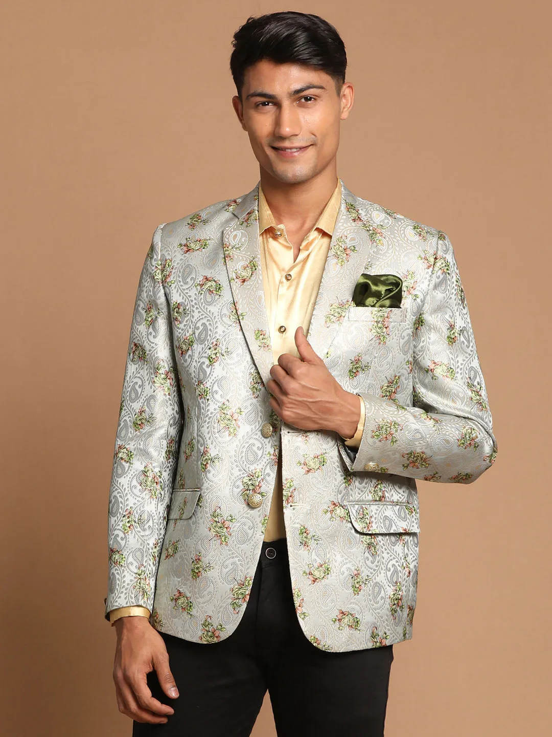Jashvi Men's Light Green Woven Silk Blend Blazer