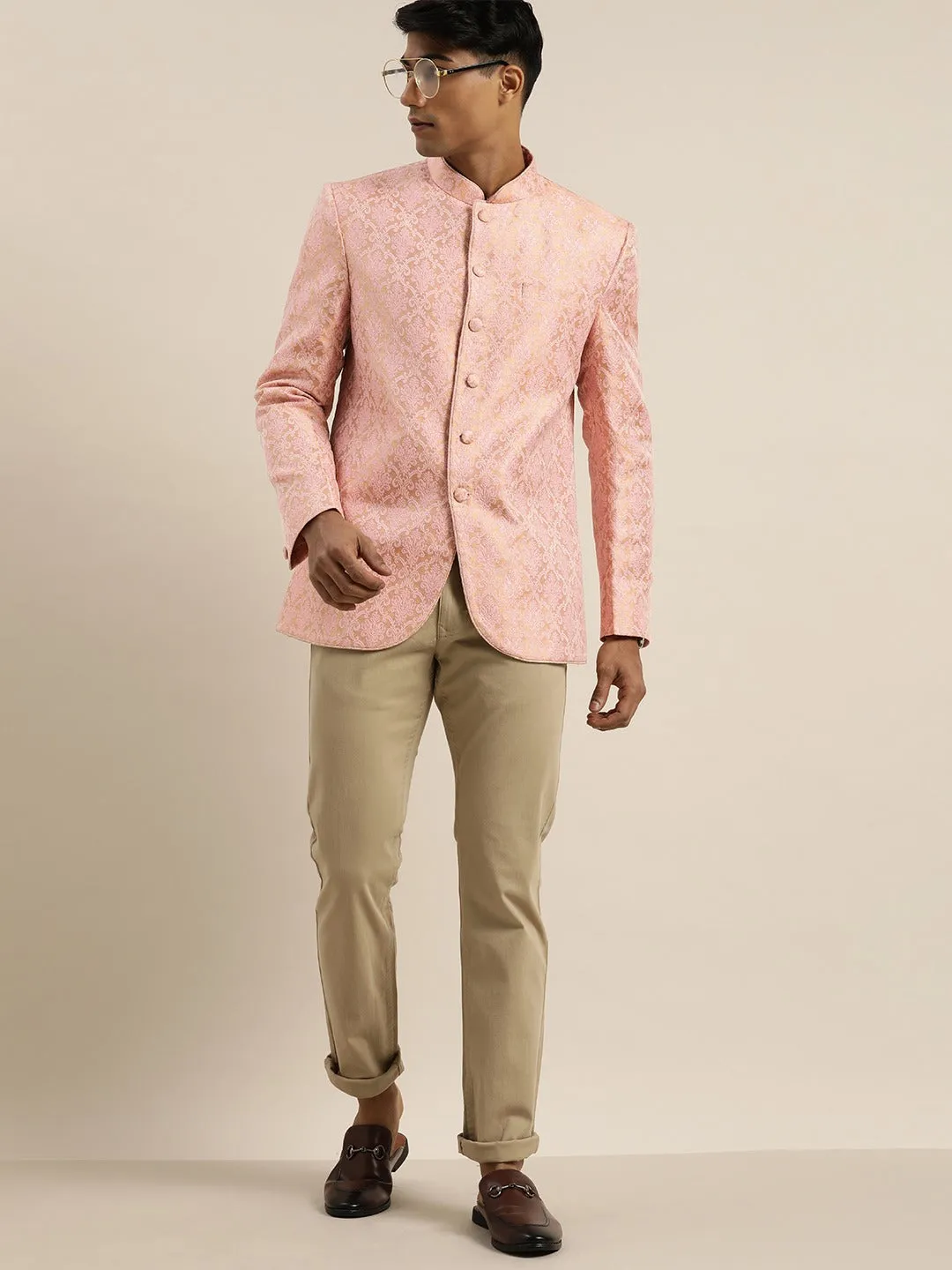Jashvi Men's Pink Ethnic Woven Jodhpuri