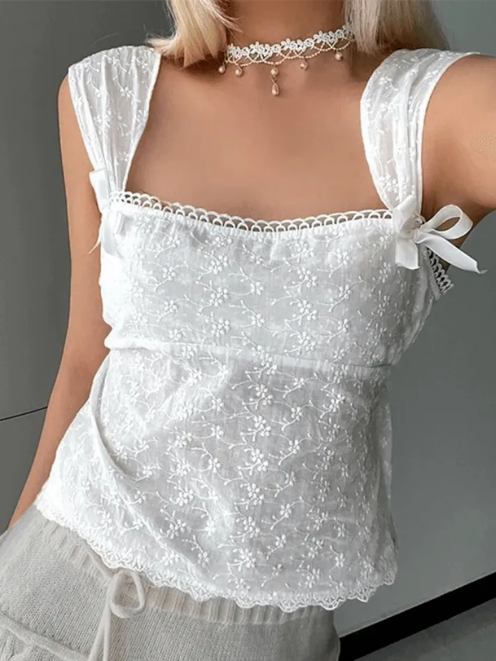 Joskaa Embroidered Bow Lace Stitching Tank Top