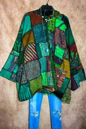 Light Spirit Patchwork Swing Hooded Kimono Jacket Green & Multi-Color