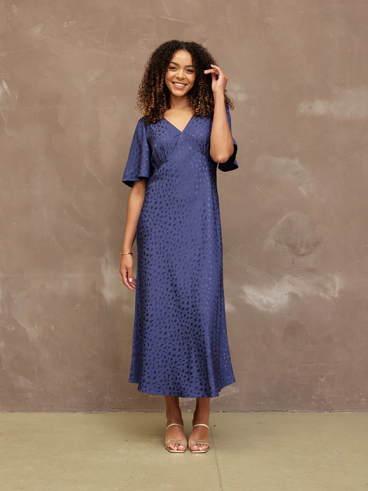 Lois - Angel Sleeve Satin Dress - Navy