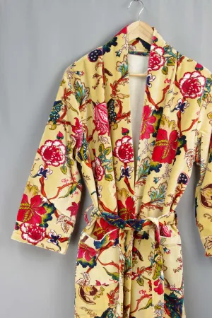 Luxury Yellow Tropical Floral Velvet Kimono Boho Robe With Lining.