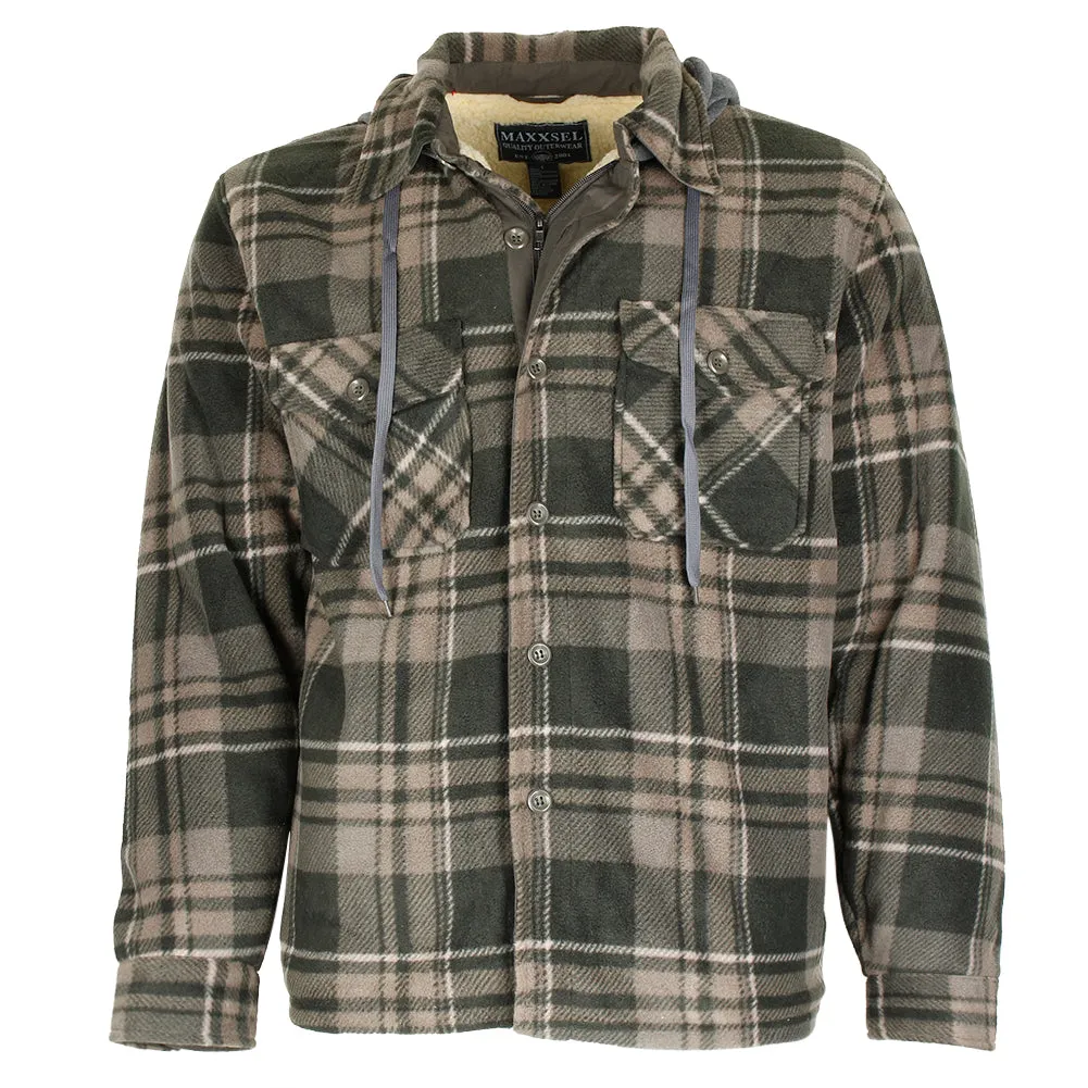 Maxxsel Men's Sherpa Lined Plaid Polar Fleece Flannel Zip Up Hooded Shirt Jacket