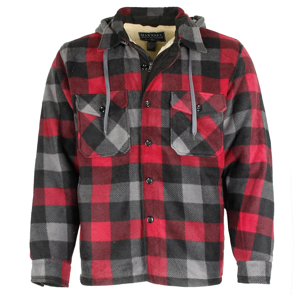Maxxsel Men's Sherpa Lined Plaid Polar Fleece Flannel Zip Up Hooded Shirt Jacket