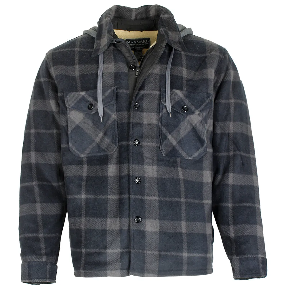 Maxxsel Men's Sherpa Lined Plaid Polar Fleece Flannel Zip Up Hooded Shirt Jacket