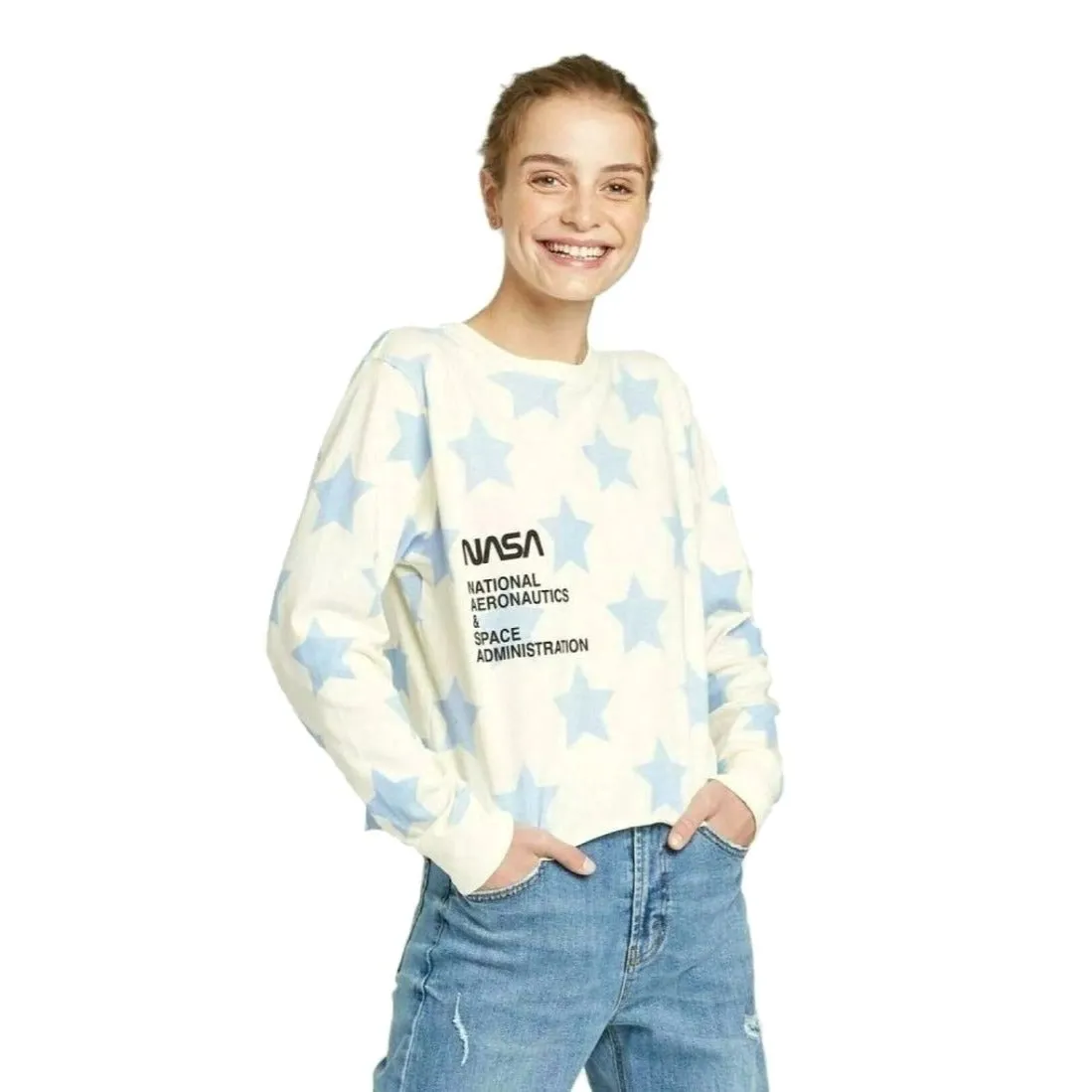 MIGHTY FINE Shirt NASA Star Long Sleeve Cropped Retro Graphic T-Shirt