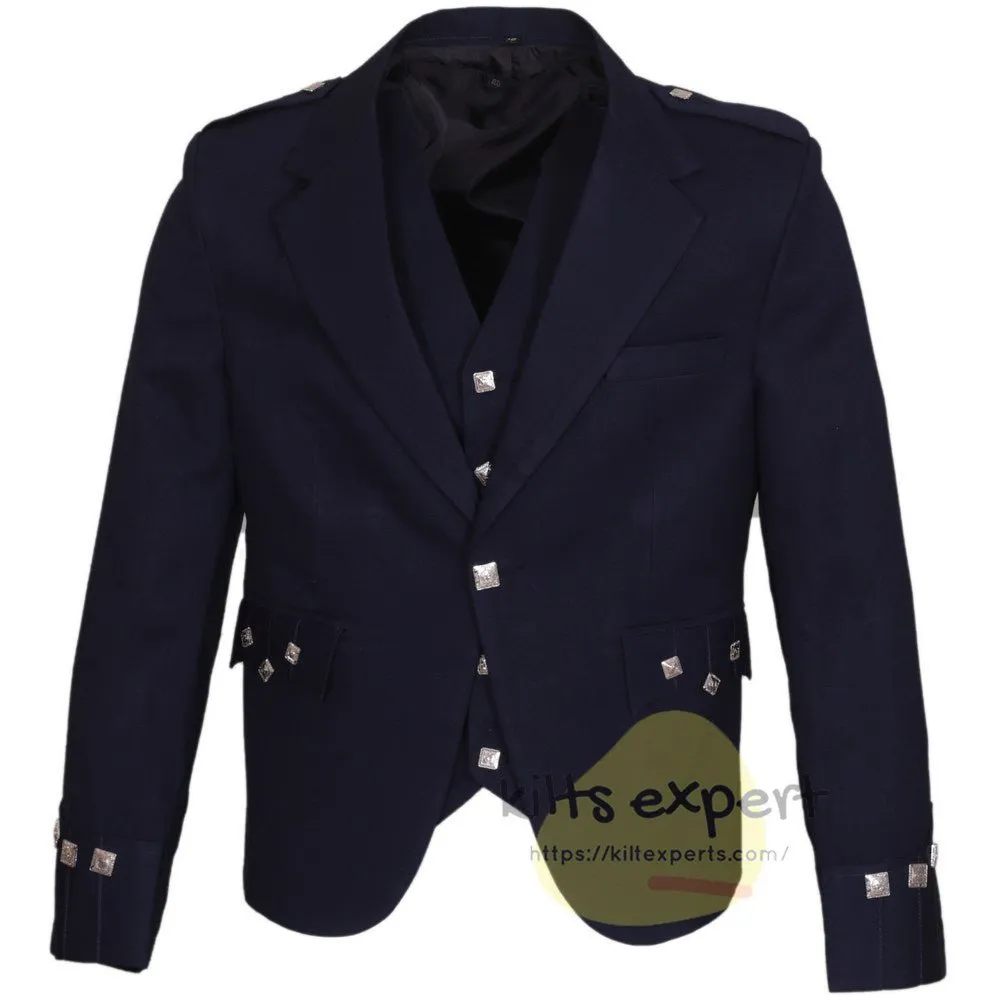 Navy Blue Argyle Jacket For Men With 5 button Vest