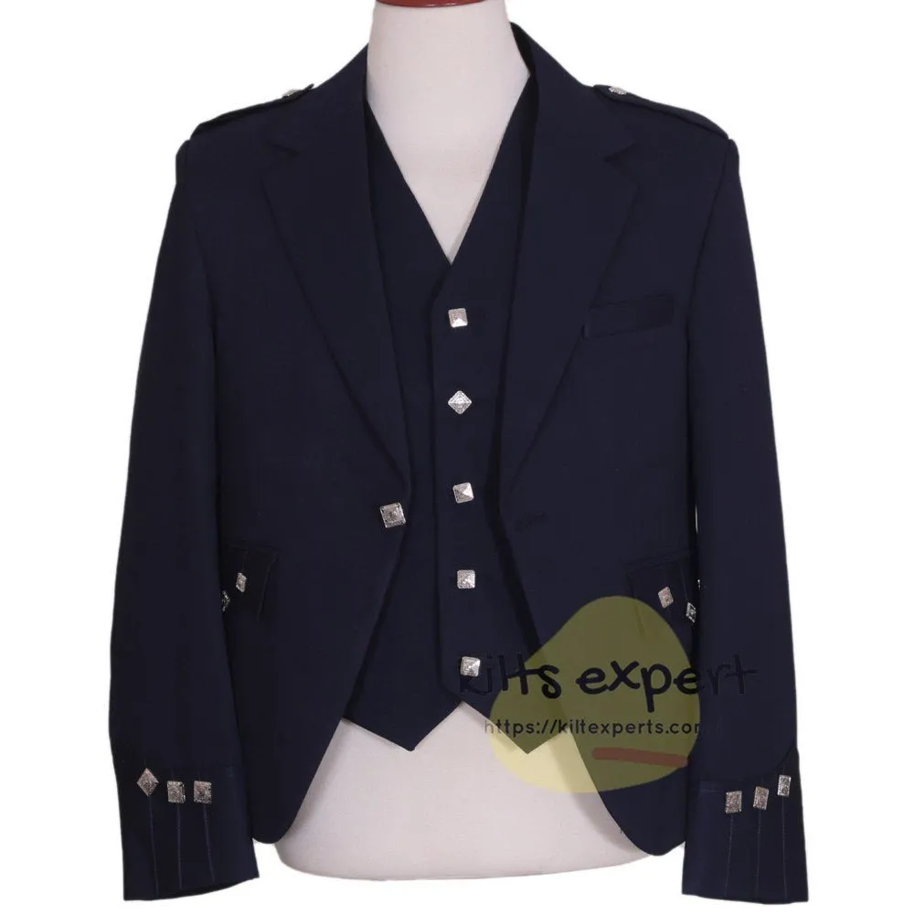 Navy Blue Argyle Jacket For Men With 5 button Vest