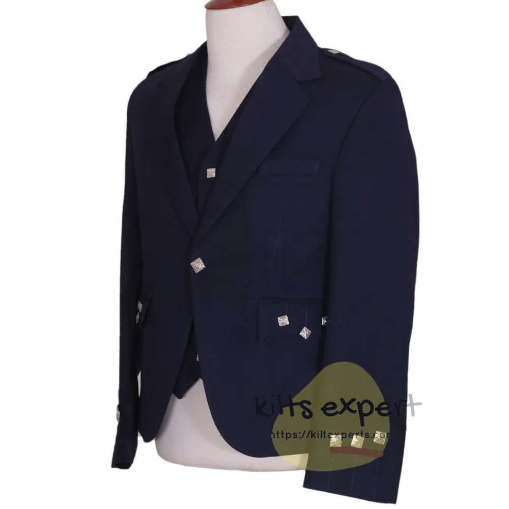 Navy Blue Argyle Jacket For Men With 5 button Vest