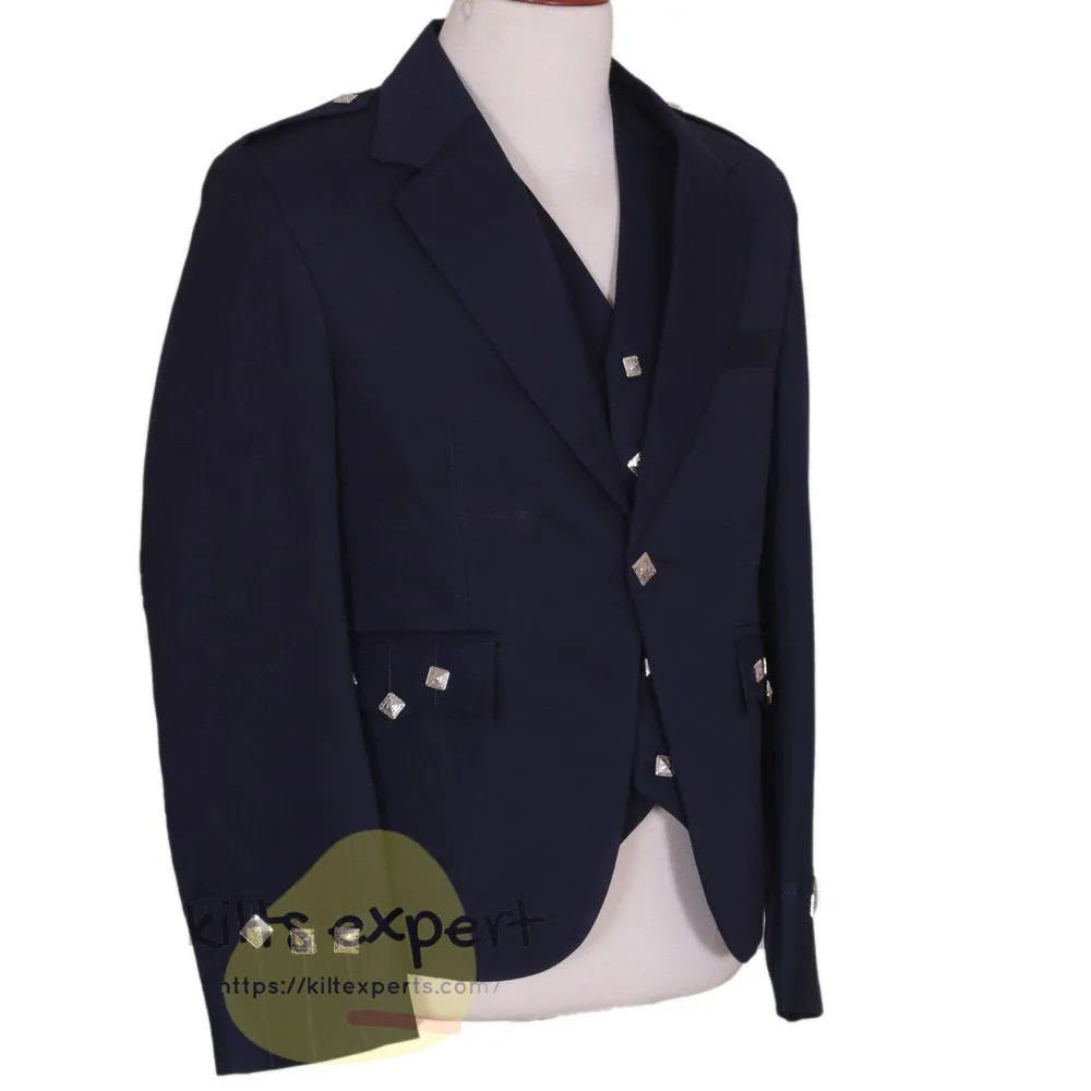 Navy Blue Argyle Jacket For Men With 5 button Vest