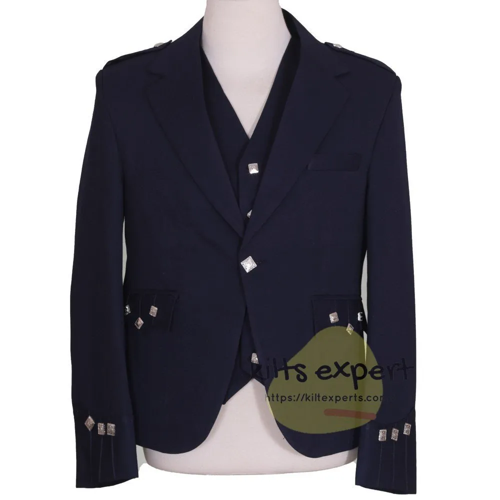 Navy Blue Argyle Jacket For Men With 5 button Vest