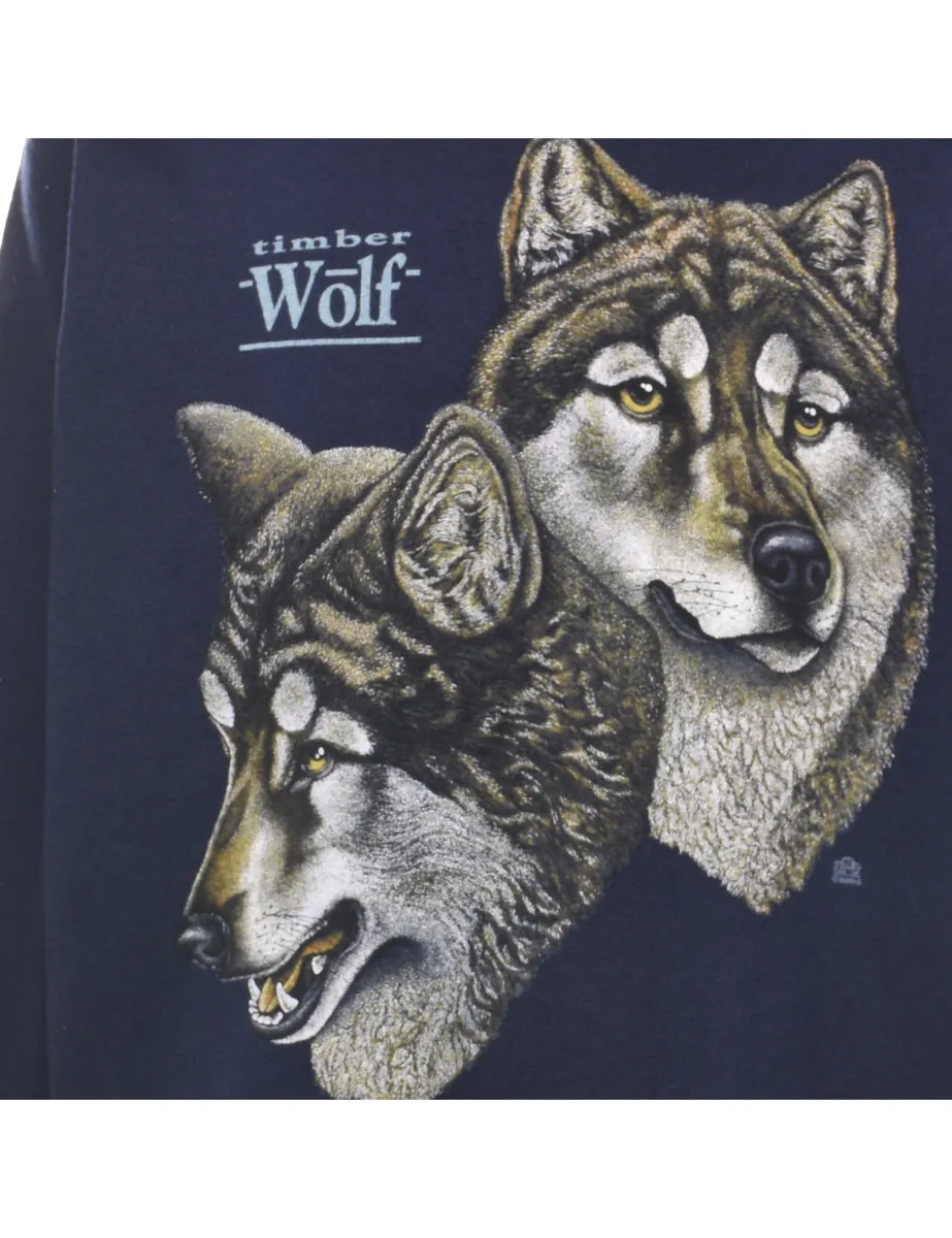 Navy Wolf 1990s Animal Sweatshirt - L