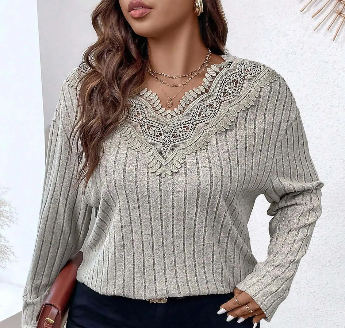 Plus Size Lace Detail Long Sleeve T-Shirt