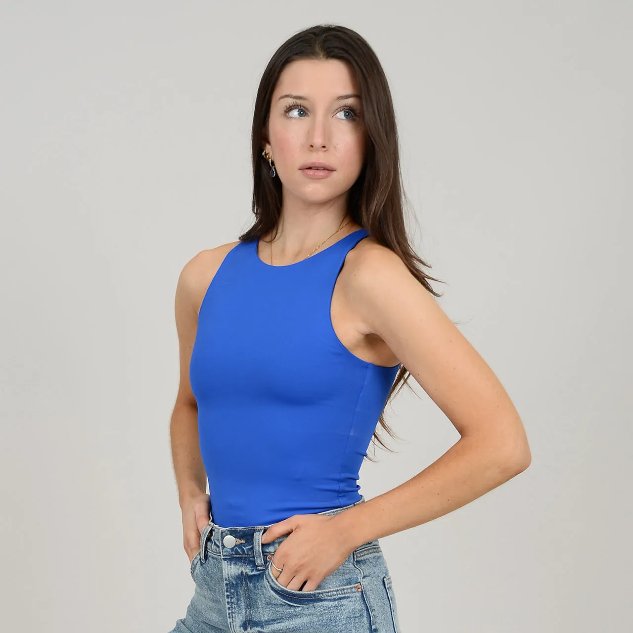 SECOND SKIN BY RD STYLE  WOMEN'S ROXANNA CREW NECK THONG  BODYSUIT-BLACK, BRIGHT BLUE