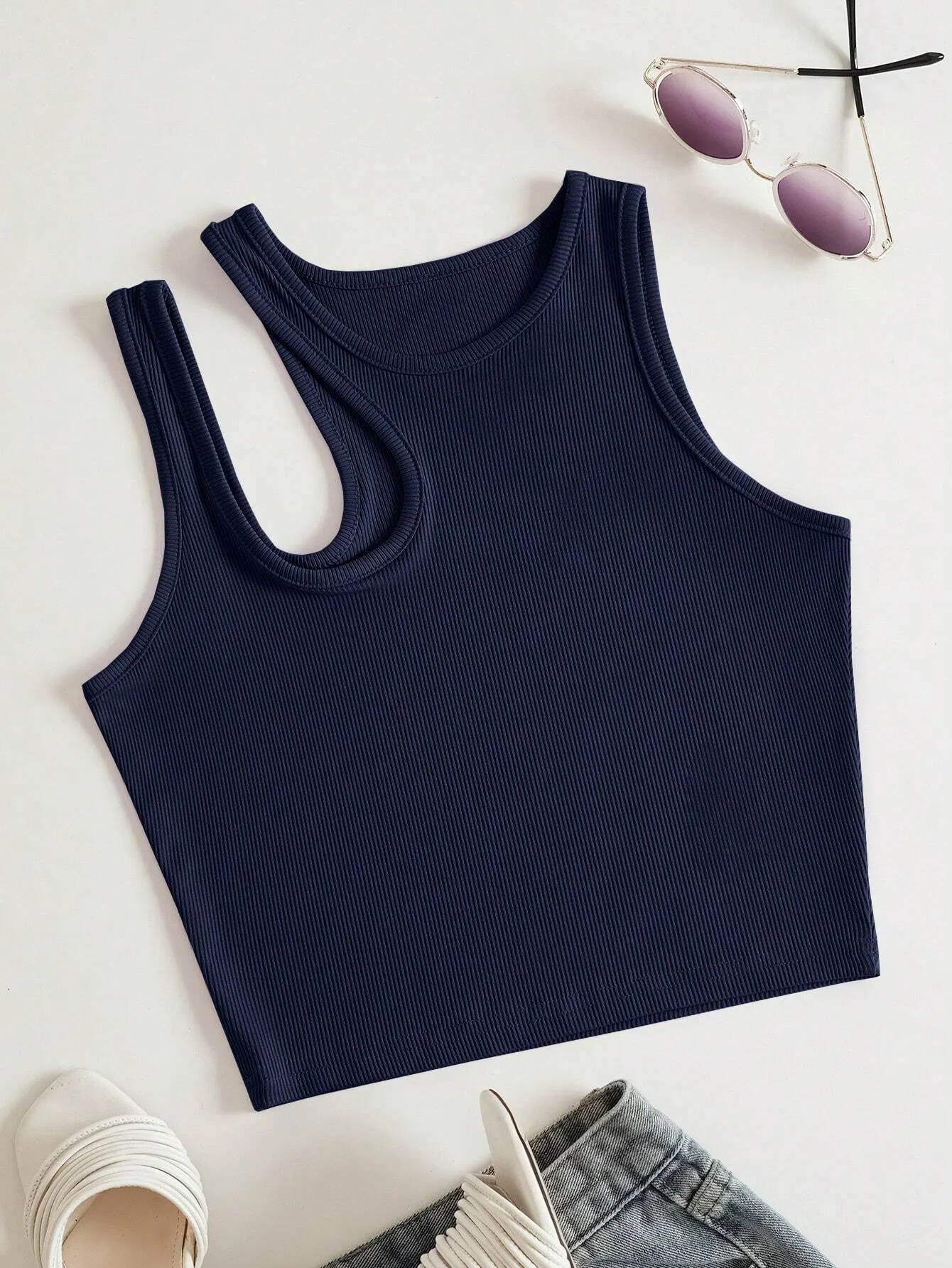 Side Cut Tank Top _ Navy Blue