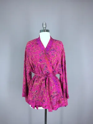 Silk Sari Kimono Jacket / Magenta Pink & Green Silk