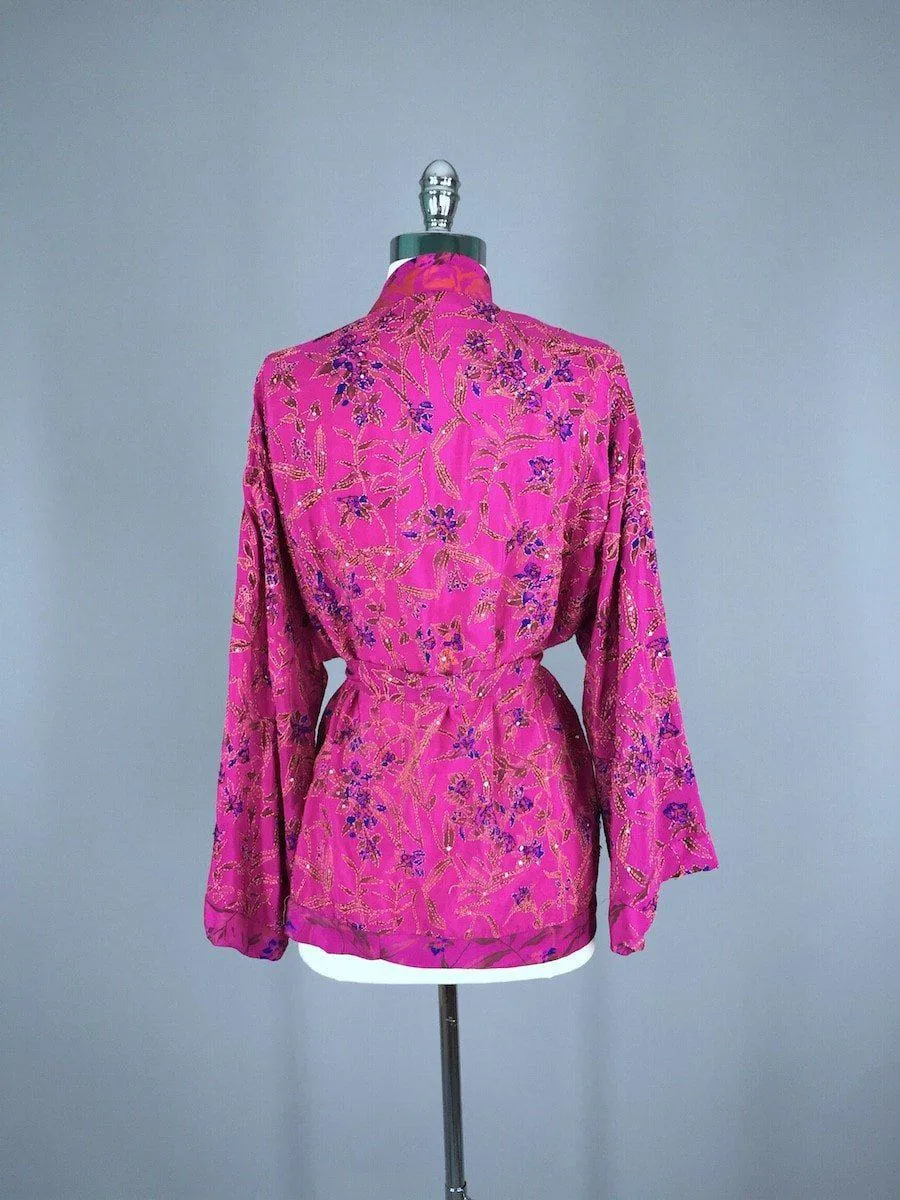Silk Sari Kimono Jacket / Magenta Pink & Green Silk