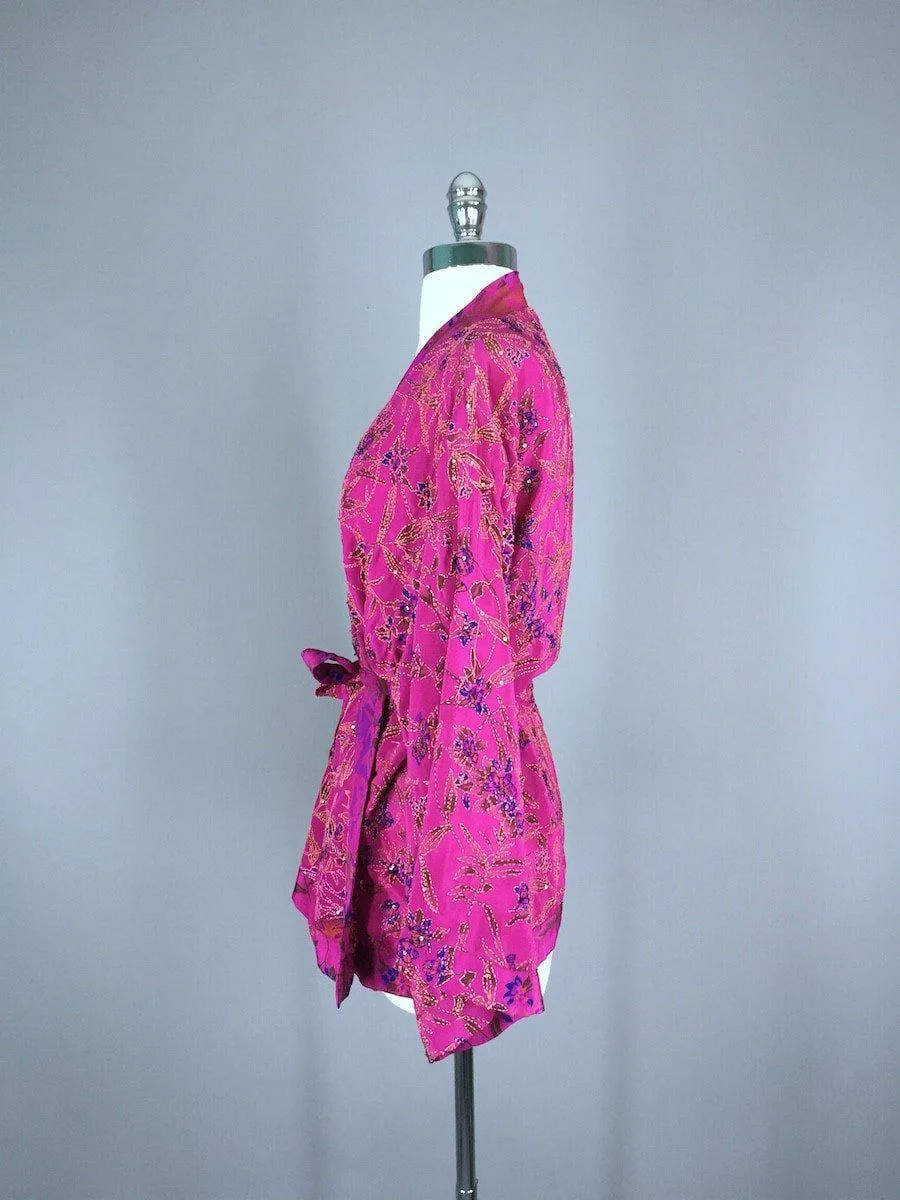 Silk Sari Kimono Jacket / Magenta Pink & Green Silk