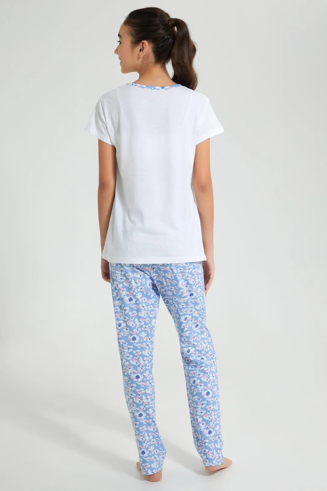 White And Blue Floral Pyjama Set (2 Piece)