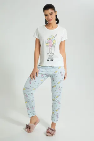 White And Blue Unicorn Pyjama Set (2 Piece)
