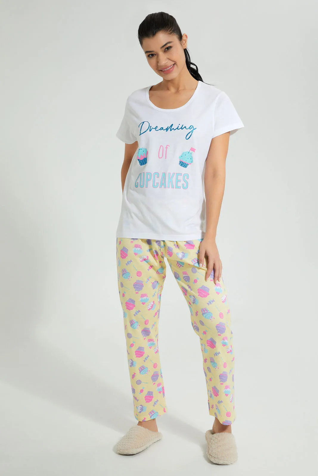 White And Yellow Cup Cake Pyjama Set (2 Piece)