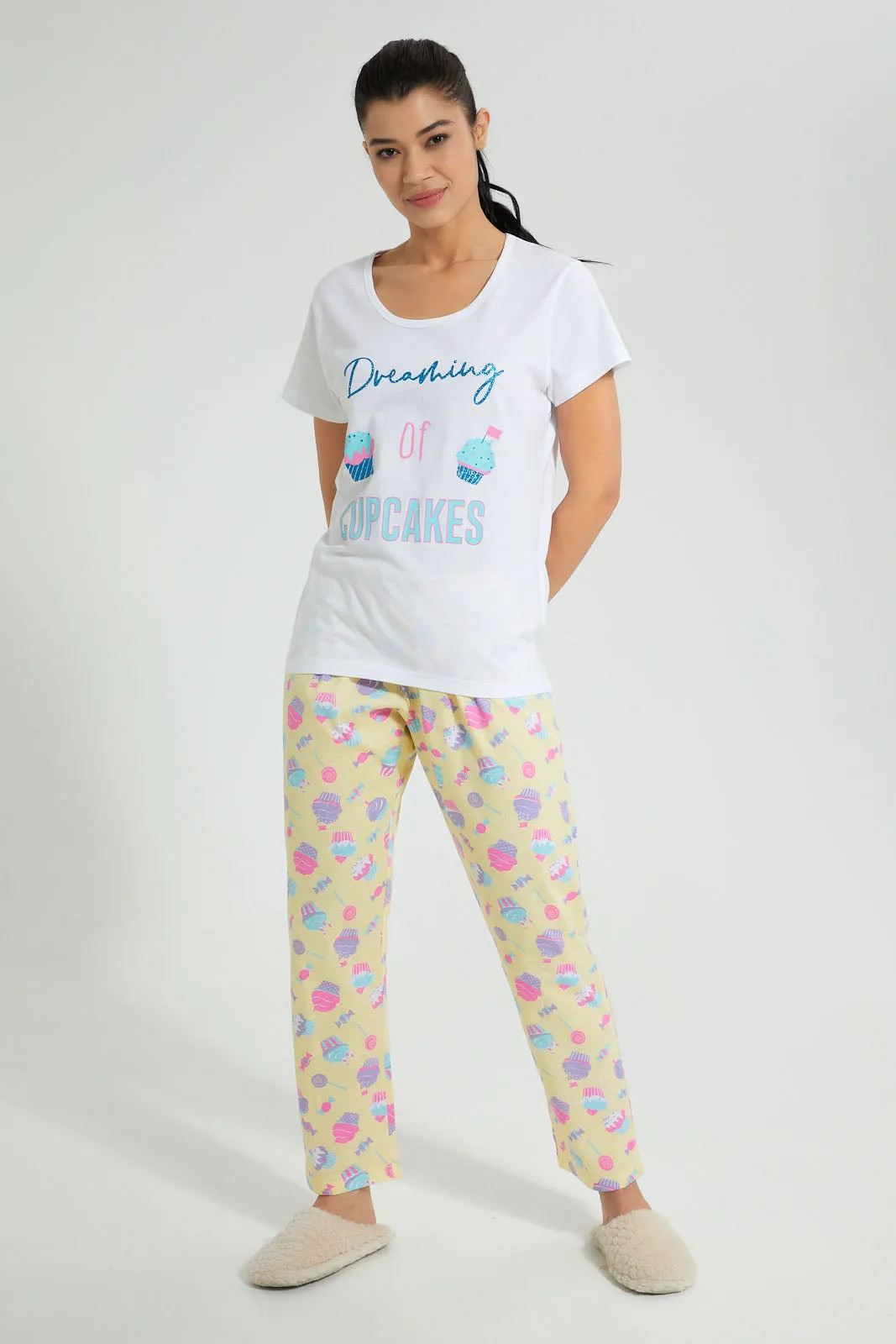 White And Yellow Cup Cake Pyjama Set (2 Piece)