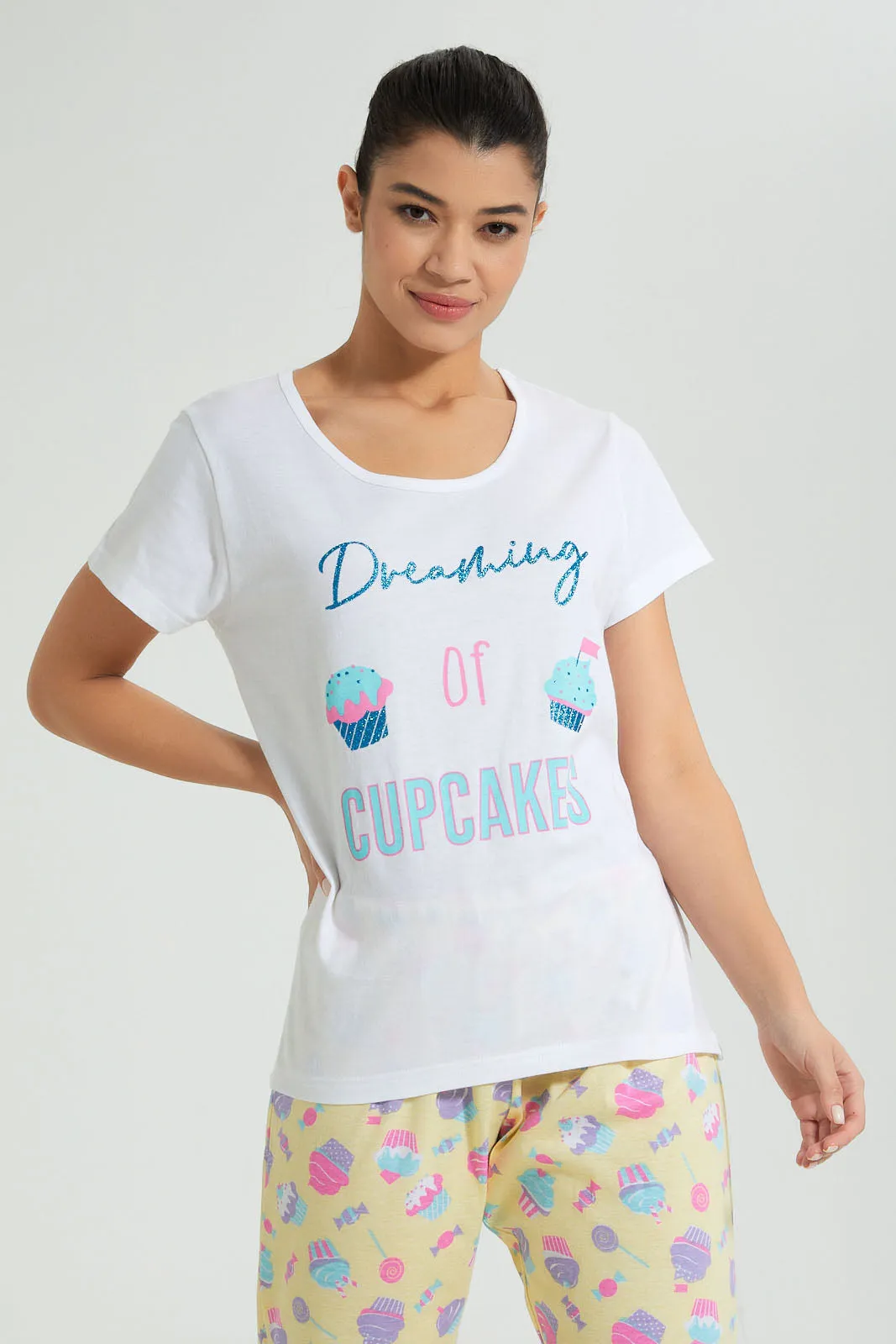 White And Yellow Cup Cake Pyjama Set (2 Piece)