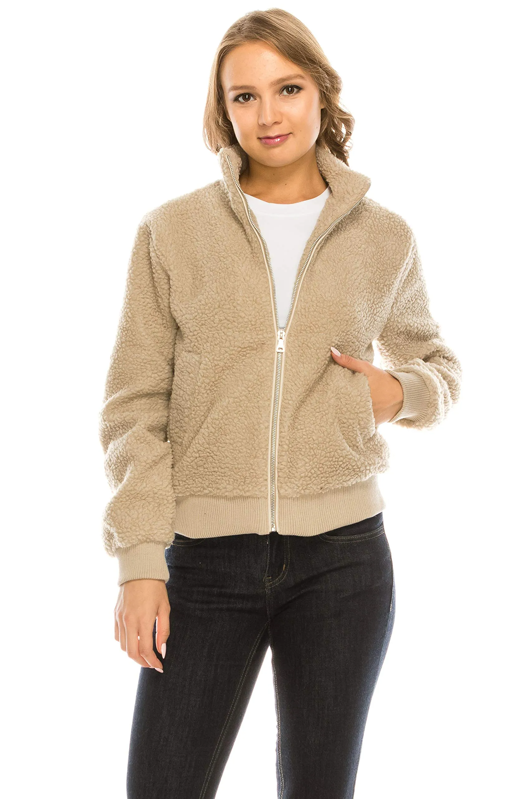 Women's Sherpa Mock Neck Coat Lapel Fleece Fuzzy Faux Shearling Jacket