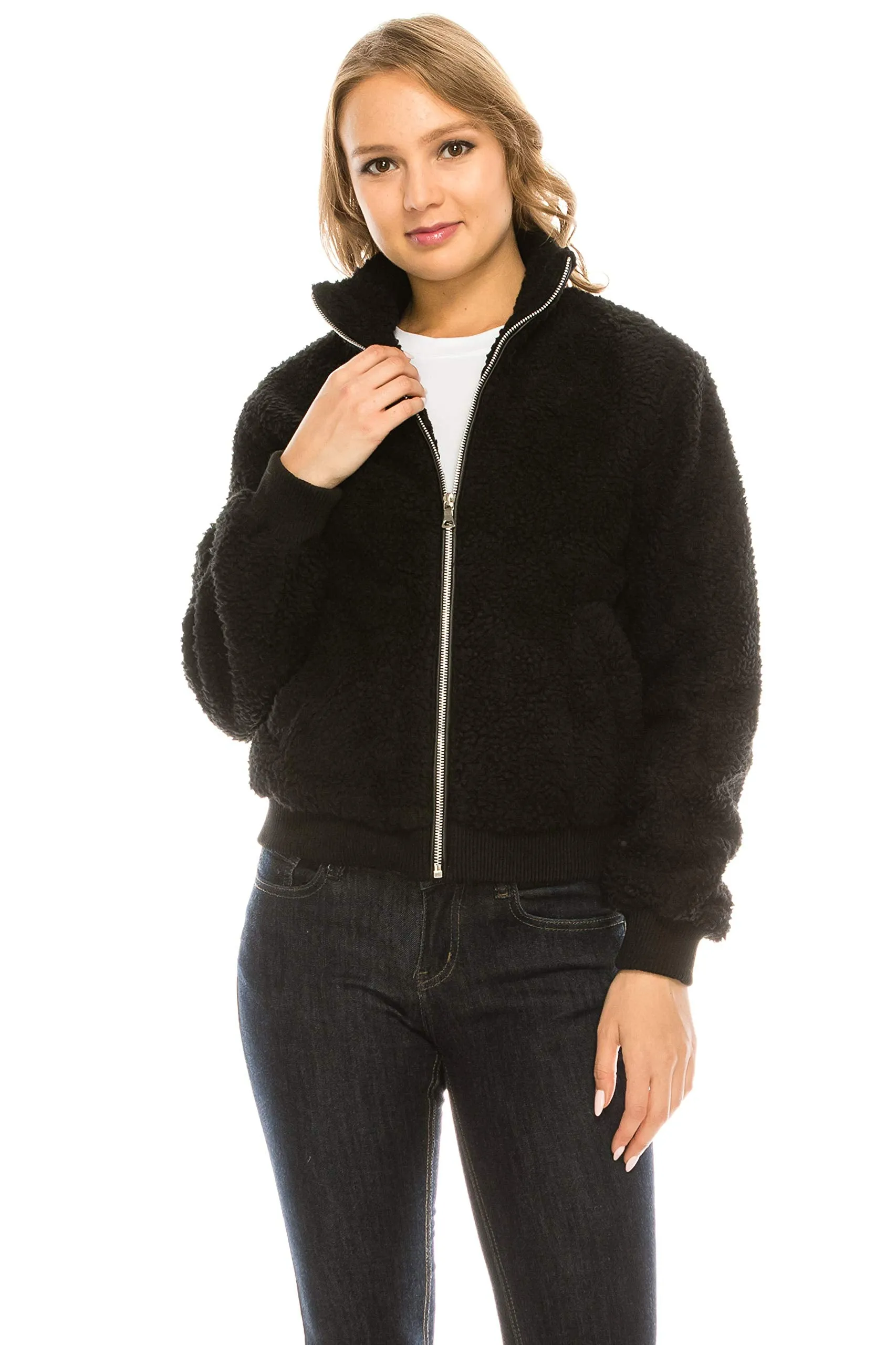 Women's Sherpa Mock Neck Coat Lapel Fleece Fuzzy Faux Shearling Jacket