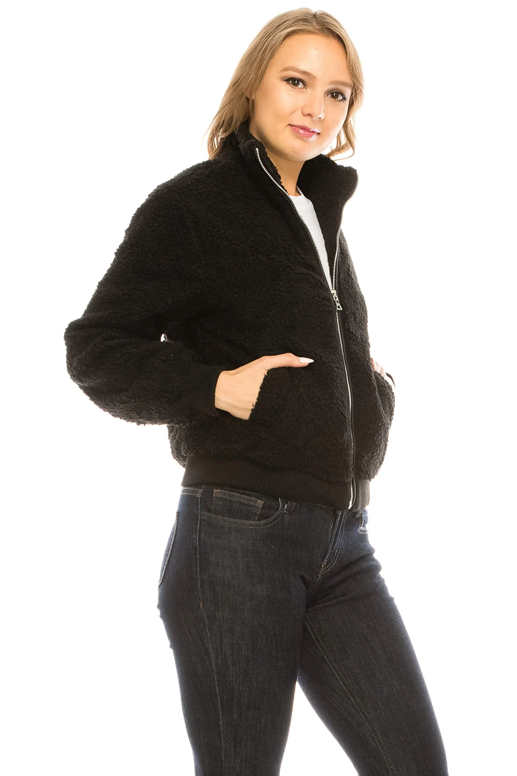 Women's Sherpa Mock Neck Coat Lapel Fleece Fuzzy Faux Shearling Jacket